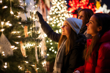 Wall Mural - Coule of girls watching, admiring Christmas Tree