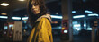 Retrato cinematográfico, Hermosa Mujer Rebelde parada frente a una gasolinera iluminada en amarillo por la noche, iluminación oscura. IA Generativa