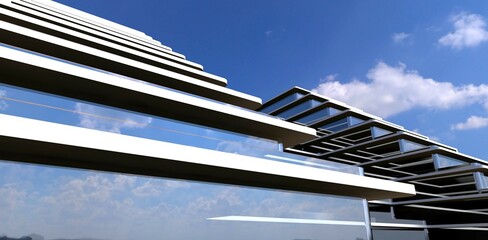 Wall Mural - View of the stair facade of the low-rise hotel with glass exterior against the summer sky. 3d rendering.