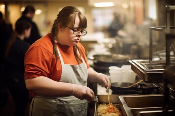 Girl with down syndrome working in restaurant or cafe kitchen