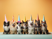 Cute Funny Dogs In Festive Party Hats Isolated On Blue And Orange Background. Greetings Card Pattern