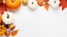Autumn Flat Layout Of Pumpkins And Seasonal Items, White Background