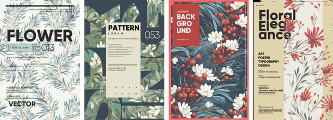 Fototapete - Flowers. Set of vector posters. Vectorized watercolor flowers and typographic design. Seamless floral patterns.  