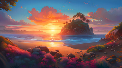 Wall Mural - Sunset over the tropical sea.