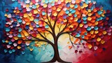 Fototapeta Perspektywa 3d - Elegant colorful tree with vibrant leaves hanging branches illustration background. Bright color 3d abstraction wallpaper for interior mural painting wall art decor. Ai