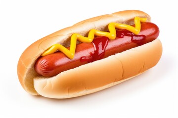 Wall Mural - Delicious hot dog with ketchup and mustard, isolated on white background