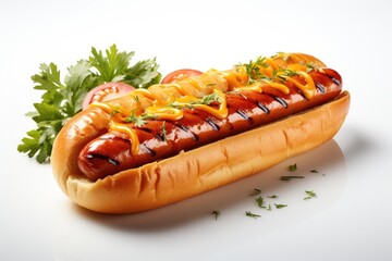 Wall Mural - Delicious hot dog with ketchup, mustard and assorted toppings, isolated on white background