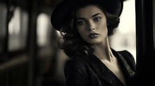 Stylish Beautiful Female Portrait, Lady In Hat Posing, In Style Of Vintage And Retro, Black And White Shot, Generative AI