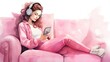 illustration of young female at home relaxing and listen music on sofe or couch, generative AI
