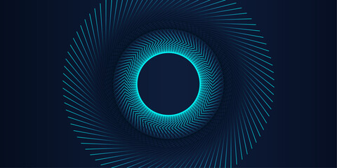 Poster - Abstract dark blue background with glowing circle geometric lines in blue green light rounded lines pattern. Concept of music, technology, digital, poster, cover, banner, brochure, website, flyer