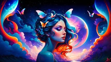 Starry Night Dreams: A Stylized Portrait Inspired by Aphrodite with Moon and Butterflies in Her Hair.