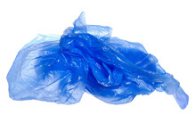 Blue Crumpled Plastic Shopping, Grocery Bag In Flying Isolated On White, Clipping Path 