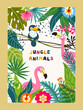 Jungle animals poster. Colorful ecotic birds and exotic tree, green leaves and plant. Cute toucan and pink flamingo with blooming flowers. Cartoon flat vector illustration isolated on light background