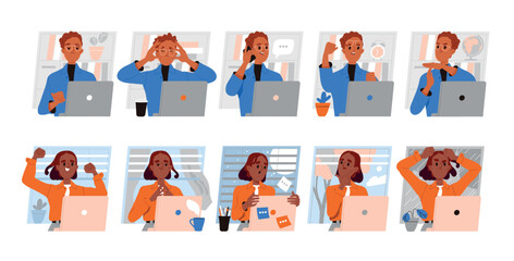 Poster - People work laptops set. Young man and woman sitting at desk in office or home and use gadgets to negotiate with customers. Business strategy concept. Cartoon flat vector isolated on white background