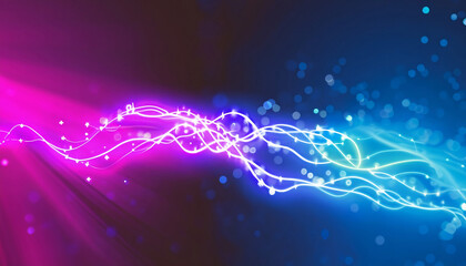 Abstract futuristic background with pink blue neon lines glowing in ultraviolet light, and bokeh lights.