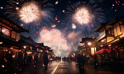 fireworks festival at japan night, ai generative