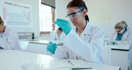 Poster - Teen girl, chemistry class and test tube with chemical, science experiment and education with learning. Research, innovation and future with academic growth, student scientist and liquid to test