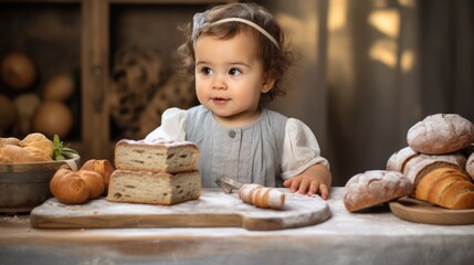 Canvas Print - baby girl in the kitchen eating grey bread is very appetizing