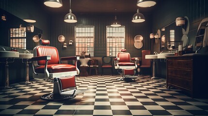 Barbershop interior with chairs and light bulbs. Barber shop concept