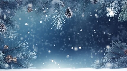 christmas blue background with snowflakes and christmas tree branches. happy new year