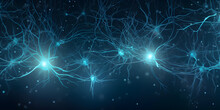 Nerve Cell Blue Color Banner, System Neuron Of Brain With Synapses. Medicine Biology Background. Generation AI
