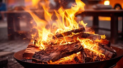 Sticker - burning firewood in a barbecue or barbecue, a fire with flames in the street