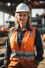 Wall Mural - Full body shot of a mid age woman working on a construction site in warm sunlight flare. Image created using artificial intelligence.