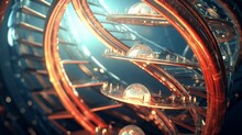 A Close Up Of A Spiral Staircase Inside Of A Building, A 3D Render, Copper Elements, Glass Spheres, Dna Strands