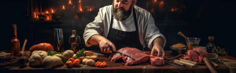 Poster - Rustic Culinary Mastery. A Skilled Chef Fills a Steak with an Array of Spices, Creating a Flavorful Delight in a Rustic Culinary Setting. Culinary Expertise