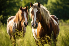 Close Up Of Horses On Green Grass