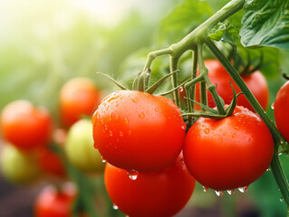 Selected focused tomatoes in tomato fields. Ripe red and ready to harvest.