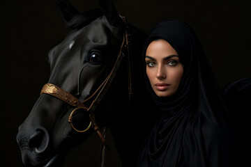 Wall Mural - Elegance in Black: A Muslim Woman, a Horse Lover, Standing in Front of a Majestic Black Horse, Embracing the Cult of the Color Black.

