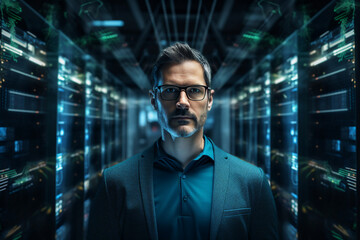 Generative ai collage image photo of professional it specialist analyzing data warehouse room