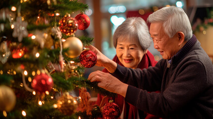 Wall Mural - Capturing the Joyous Connection of an Elderly Asian Couple as They Decorate a Christmas Tree