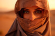 Eyes of Enigma: A Woman with Beautiful and Mysterious Eyes Wearing a hijab, Set Against a Desert Sunset Backdrop.