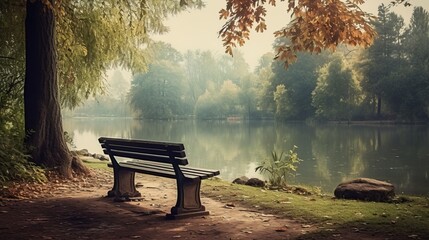 Sticker - park lake with forest and park bench. Park bench nostalgic concept