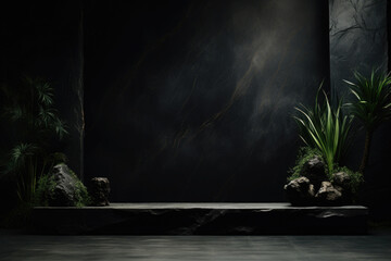 Wall Mural - Black stone podium on dark background for product advertising. Wall with marble pedestal and green plant for product display, minimalism style.