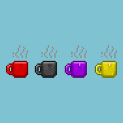 Poster - Pixel art sets of mug glass with smoke with variation color items asset. red,black,purple,and yellow on pixelated style.8bits perfect for game asset or design asset element for your game design asset.