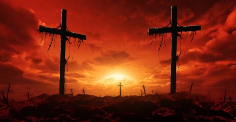 Two crosses depicting Calvary in front of a red dramatic sky