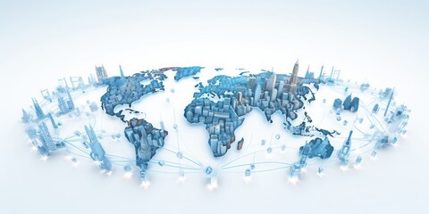 Poster - Global IoT and Internet Connectivity World Map on White Background, Illuminating in Light Blue, Depicting the High-Tech Digital Network, Worldwide Communication and Cyber Connectivity