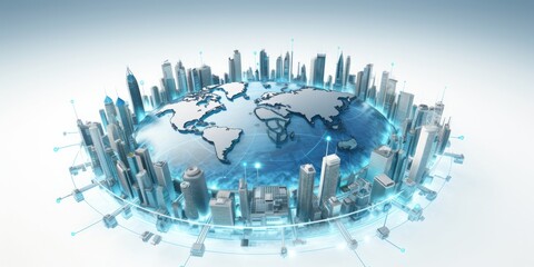 Poster - Global IoT and Internet Connectivity World Map on White Background, Illuminating in Light Blue, Depicting the High-Tech Digital Network, Worldwide Communication and Cyber Connectivity