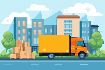 Aufkleber -  illustration depicting furniture delivery - a truck filled with boxed furniture for relocation support.