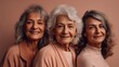 © iuricazac - A studio image featuring two happy senior women, elegantly adorned with grey hair and dressed neutrally, with different skin tones. Generative AI