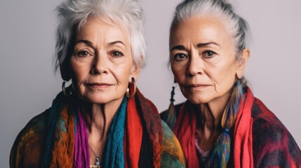 Wall Mural - Senior women, visibly tired, displaying diverse skin tones, stylish grey hair, and neutral clothing in a studio shot. Generative AI