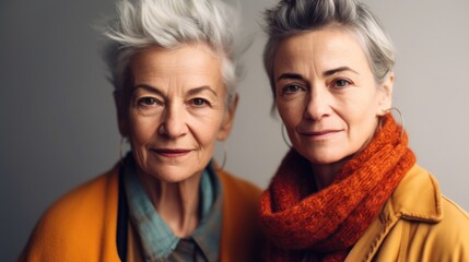 Wall Mural - A studio image of exhausted senior ladies, with different skin tones, showcasing stylish grey hair and neutral attire. Generative AI