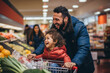 father and happy children exploring fresh and healthy options with a loving ,A cheerful family enjoys shopping together in a supermarket,banner
