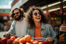 Everyday Shopping In Vibrant Colors: A Happy Smile Hispanic And Latinx Couple Selects Fresh, Healthy Produce In The Supermarket Together,red,yellow,banner