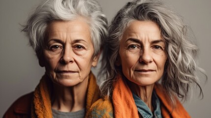 Wall Mural - Two upset senior women, displaying different skin tones, fashionable grey hair, and neutral outfits, photographed in a studio. Generative AI