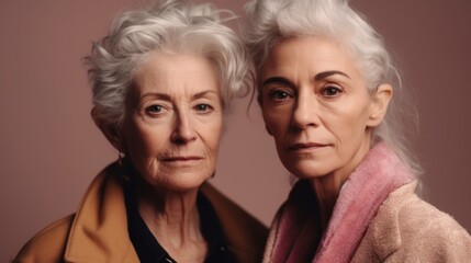 Wall Mural - A studio image capturing the sadness of two senior women, elegantly adorned with grey hair and dressed neutrally, with different skin tones. Generative AI