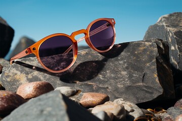 Sunglasses perched atop a textured rock, natures stylish accessory holder